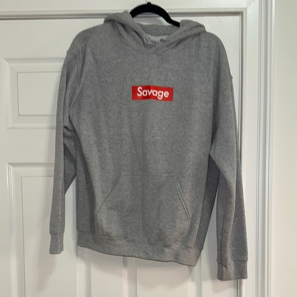 Gray Hoodie with Red Savage Logo